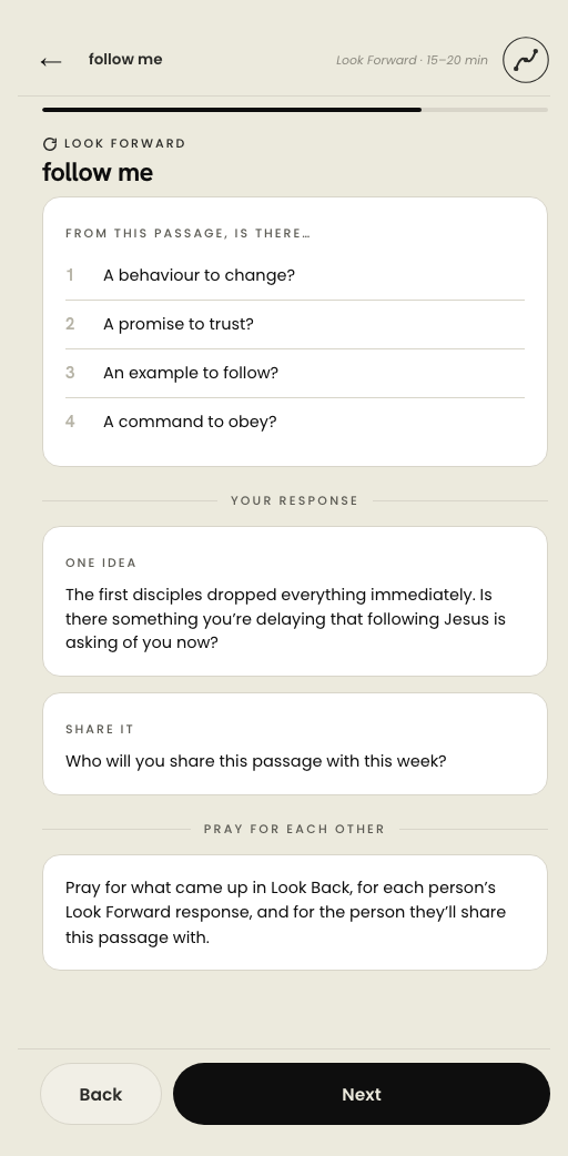 The Look Forward screen, showing a personal response prompt